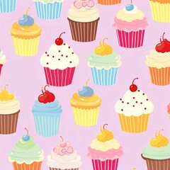 Cute multi-colored cupcake background, cartoon, tones of yellow, baby blue, purple, orange, pinks, white, blue green and red, playful