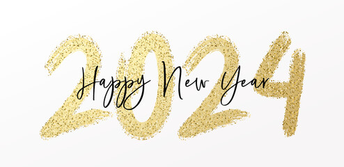 Happy New Year 2024 with calligraphic and brush painted with sparkles and glitter text effect. Vector illustration background for new year's eve and new year resolutions and happy wishes