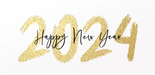 Fotobehang Happy New Year 2024 with calligraphic and brush painted with sparkles and glitter text effect. Vector illustration background for new year's eve and new year resolutions and happy wishes © Pedro