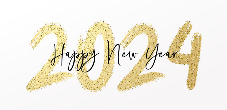 Happy New Year 2024 with calligraphic and brush painted with sparkles and glitter text effect. Vector illustration background for new year's eve and new year resolutions and happy wishes