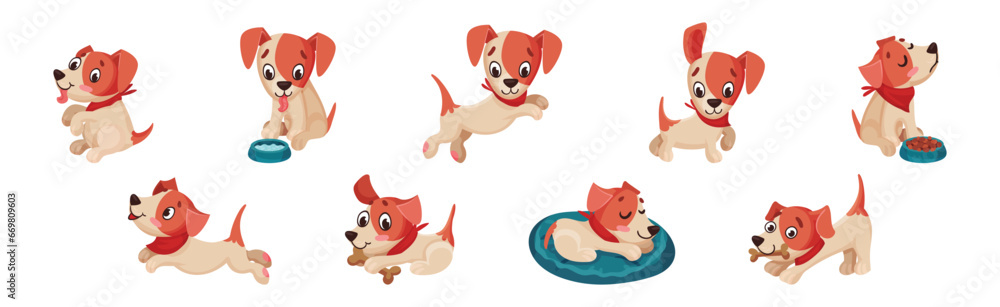 Poster funny puppy dog character engaged in different activity vector set