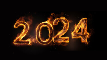 Happy New Year,2024, banner in a night party atmosphere with fireworks.