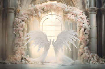 Angel Wing Backdrop for Photography Featuring Luxurious White Drapery and Pastel Florals. Arch Wedding Backdrop