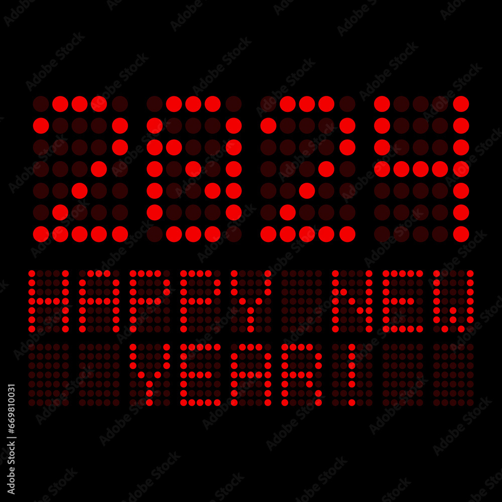 Aufkleber illustration of a digital display shows the date of the new year 2024 and the message happy new year