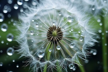 Stunning dandelion adorned with dew on hazy backdrop. Generative AI