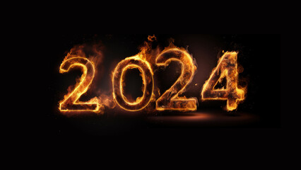 Happy New Year,2024, banner in a night party atmosphere with fireworks.