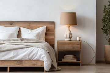 Well-lit bedroom with wood bedside table and chic floor lamp. Generative AI