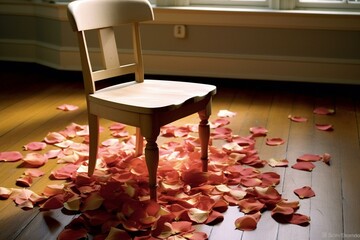 Petals on table, chair in background. Generative AI