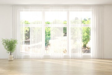 White empty room with summer landscape in window. Scandinavian interior design. 3D illustration