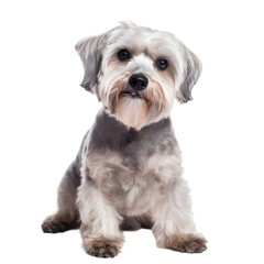 front view, adorable gray dandie dinmont sitting in front of transparent background, looking at the camera. 