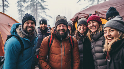 Groups of smiling tourists from various groups set up camp after a day of hiking together.