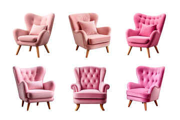 Comfortable pink armchair collection isolated on a transparent background. Interior element