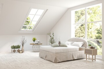Fototapeta premium White bedroom concept. Scandinavian interior design. 3D illustration