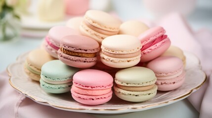 Obraz premium Sweet colorful macaroons in plates on the table. Generative AI