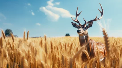 Rolgordijnen Beautiful roe deer standing in a grain field. Deer in the nature habitat. Generative AI © kardaska