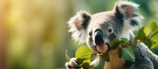 Obraz premium A blurry background frames a cute koala enjoying eucalyptus leaves in a zoo