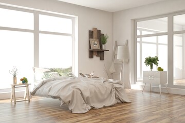 White bedroom concept. Scandinavian interior design. 3D illustration