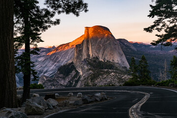 Half Dome in Yosemite Valley Behind Curved Road