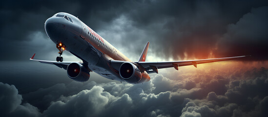 Airplane is flying through a turbulence in the sky with dangerous storm.