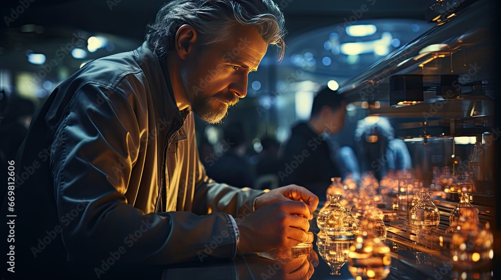 Poster male scientist engineer working at table in laboratory workshop with glass instruments