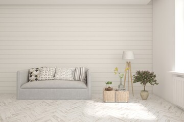 Fototapeta premium White living room with sofa. Scandinavian interior design. 3D illustration