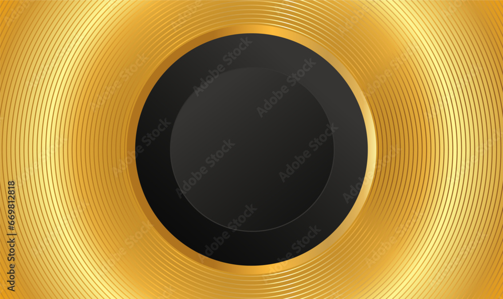 Poster vector black abstract round paper cut luxury frame on golden concentric circles pattern background. 