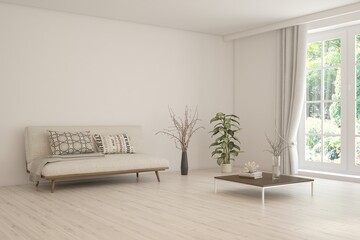 Contemporary classic white interior with furniture and decor and summer landscape in window. Scandinavian interior design. 3D illustration