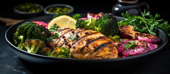 Chicken dinner with roasted broccoli and pickled red cabbage on a black plate against a concrete backdrop