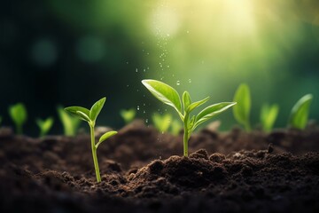 Eco-friendly concept of growing fresh sprout trees or leaves with green foliage in soil despite bad weather, helping nature, reducing global warming by planting trees. Generative AI - obrazy, fototapety, plakaty