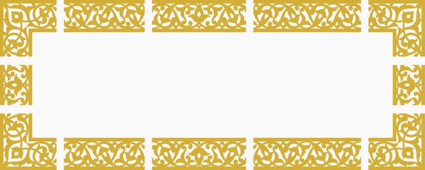 Set of gold border ornaments consisting of main, middle and corner ornaments. Vector design element.