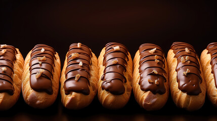 Éclairs advertising , in a minimalistic photographic approach, top view, with dark background, artistic arrangement and ambiance, with empty copy space
