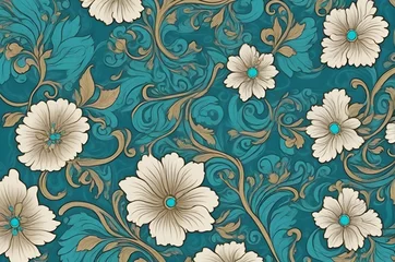 Fotobehang Pattern with ornamental flowers. Turquoise floral ornament © rutchakon