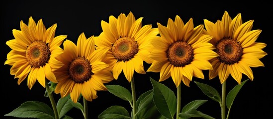 Isolated black background with border five yellow sunflower daisy with stem