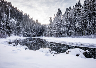 Lake Tahoe / Truckee River in Winter Covered in Snow