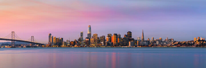 San Francisco Skyline / Cityscape During Colorful Vibrant Sunrise - Panorama
