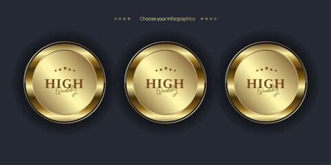 Set of three circles premium and Golden label button isolated on black background. Realistic vector illustration of golden, metal luxury ui concepts of buttons - obrazy, fototapety, plakaty