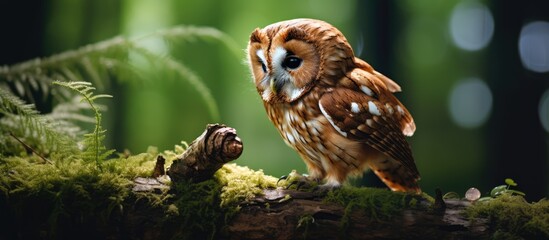 Brown owl with prey perched on tree in forest habitat - obrazy, fototapety, plakaty