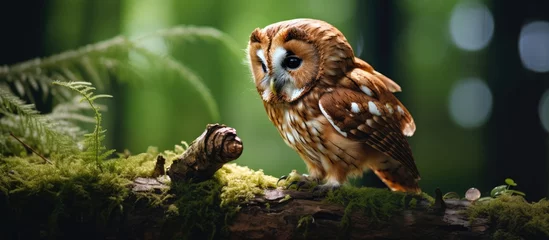 Rolgordijnen Brown owl with prey perched on tree in forest habitat © AkuAku