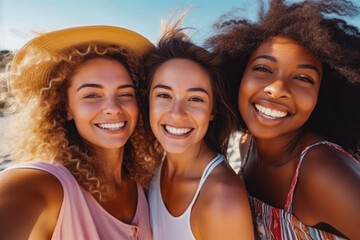 Fototapeta premium Beautiful diverse young women friends taking a self portrait picture together on their phone while enjoying nice sunny day trip