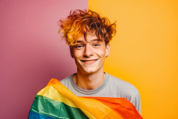 Portrait of red haired non binary man with rainbow flag smiling and being happy , yellow background, pride month celebration