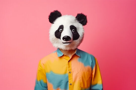 Man wearing a panda mask while standing on colored background, funky style, party advertising, happy panda mask