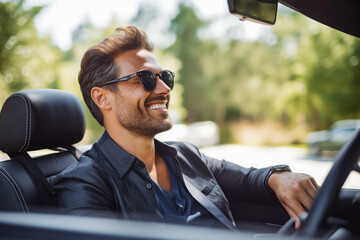 Successful mid adult businessman driving cabriolet car on a sunny day, handsome gentleman driving around countryside - obrazy, fototapety, plakaty
