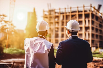Architect and engineer looking at building construction site and supervising the build, wearing safety helmet, sun set in the background