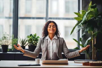 Beautiful young adult business woman relaxing and doing yoga at her office, stress relief at work during work break, healthy work environment - obrazy, fototapety, plakaty