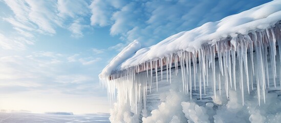 Melting snow forms icicles on the roof of a house - obrazy, fototapety, plakaty