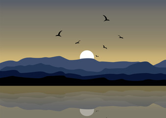 Mountains with the lake in the sunset. Vector illustration in flat style.