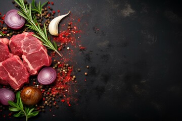 Raw venison meat, ready for cooking. Dark background, top view with space for text. Generative AI