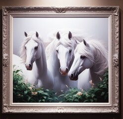Beautiful painting of white horses framed in 3D frame hanging on wall as wall art
