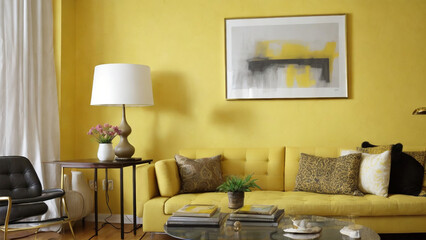 Contemporary Comfort: Tufted Armchair and Coffee Table by a Yellow Wall