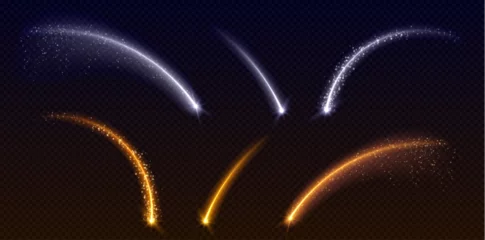 Foto op Canvas Shooting star with glow arc shaped light trail. Realistic vector illustration of white and golden curved luminous tail with glitter particles. Falling meteor with neon twinkle line and sparkles. © klyaksun
